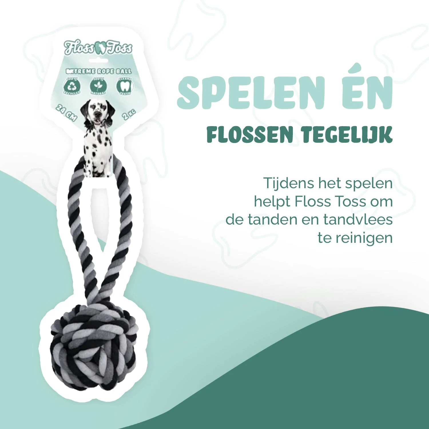 Bawełniany sznur dla psa z piłką, 60 cm – Floss Toss Natural Dental Ropes Dental Rope Exteme Tug and Ball - obrazek 2