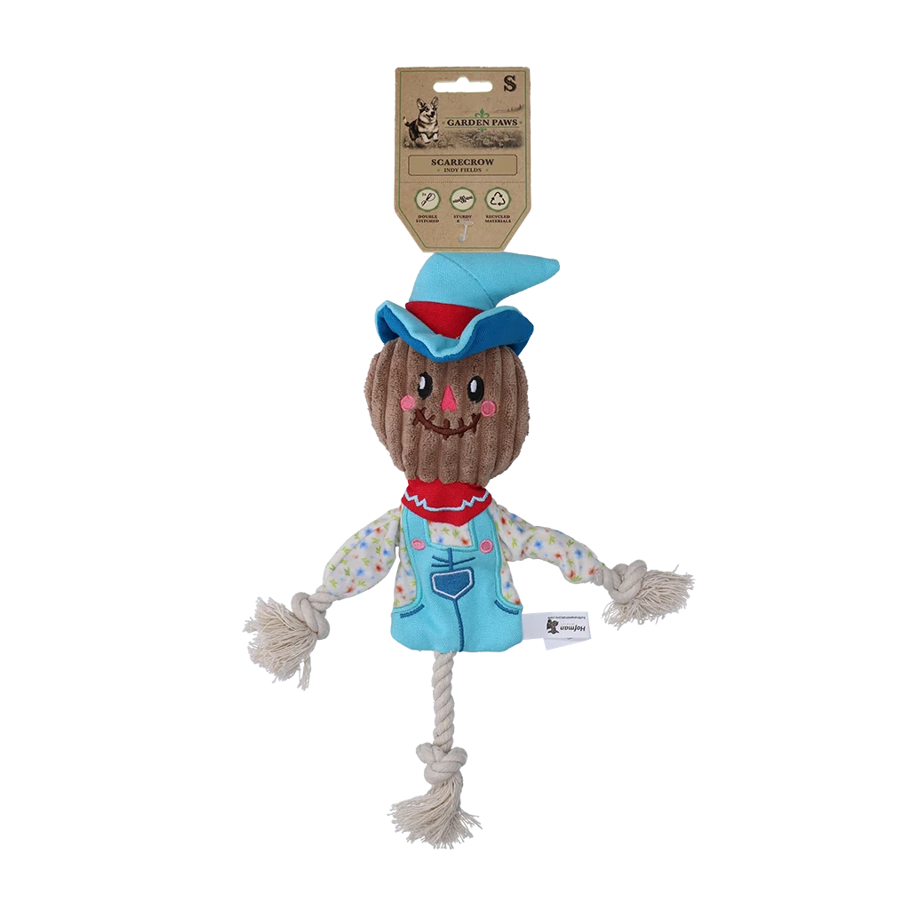 Zabawka do przeciągania Strach na wróble z szeleszczącym tułowiem i sznurem – Garden Paws Scarecrow Calvin Crow S - obrazek 1