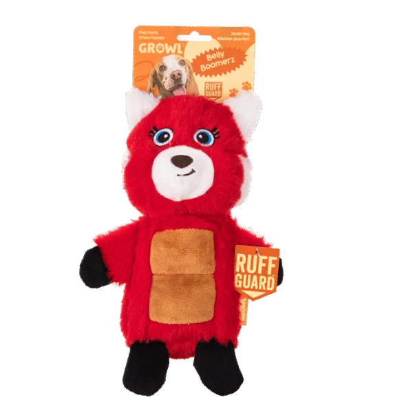 Pluszowa zabawka dla psa w kształcie pandy rudej z matą piszczącą i piszczałką – Growl Belly Boomerz Riley Panda Ruda