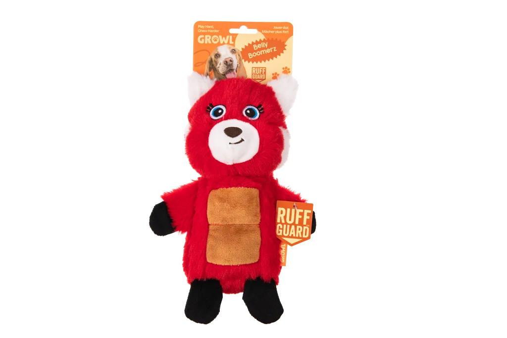 Pluszowa zabawka dla psa w kształcie pandy rudej z matą piszczącą i piszczałką – Growl Belly Boomerz Riley Panda Ruda - obrazek 1