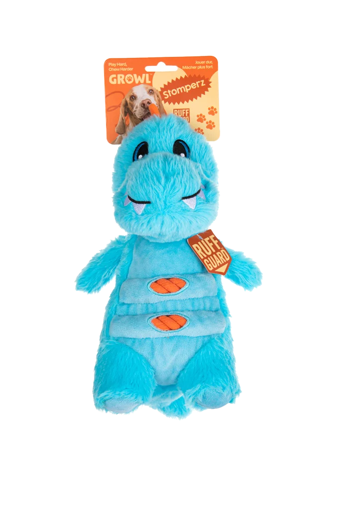 Pluszowa zabawka dla psa z liną i dużą piszczałką – Growl Stomperz Terry, niebieski tyranozaur - obrazek 1