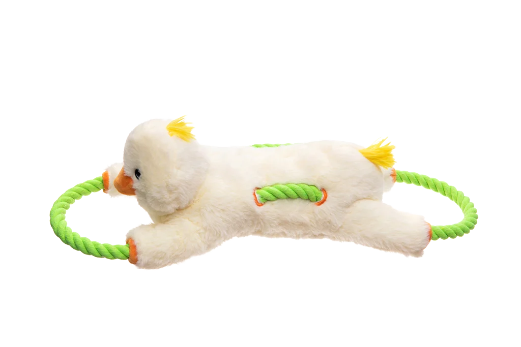 Zabawka do przeciągania dla psów z liną przechodzącą przez całą zabawkę i dużą piszczałką – Growl Haystackerz Quacker Kaczka - obrazek 3