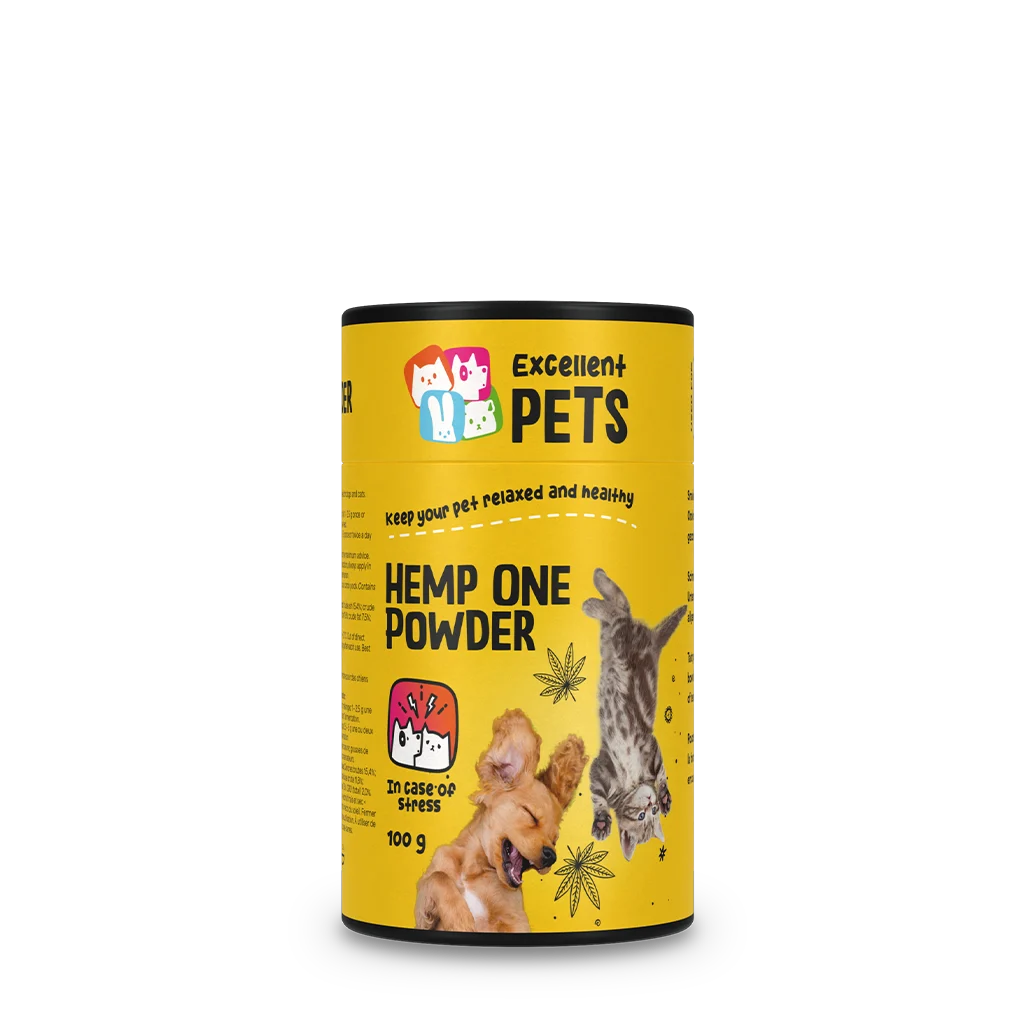 Proszek z kwiatu konopi dla psów i kotów z chlebem świętojańskim, 100 g – Excellent Pets Hemp One Powder - obrazek 1
