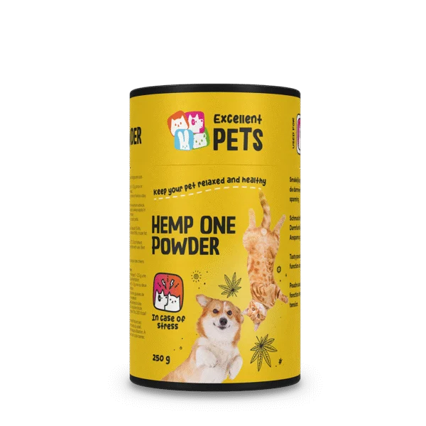 Proszek z kwiatów konopi dla psów i kotów z mączką z chleba świętojańskiego, 250 g – Excellent Pets Hemp One Powder