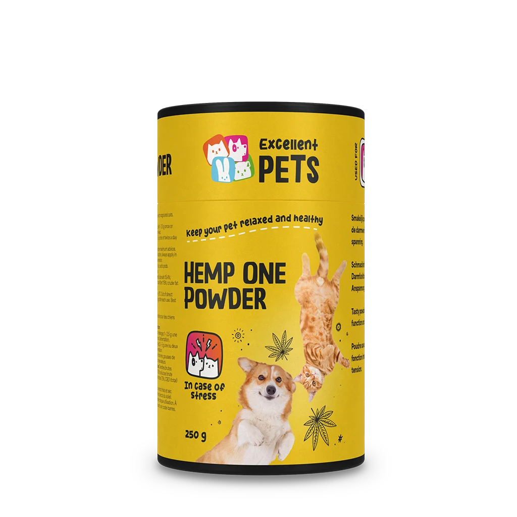 Proszek z kwiatów konopi dla psów i kotów z mączką z chleba świętojańskiego, 250 g – Excellent Pets Hemp One Powder - obrazek 1
