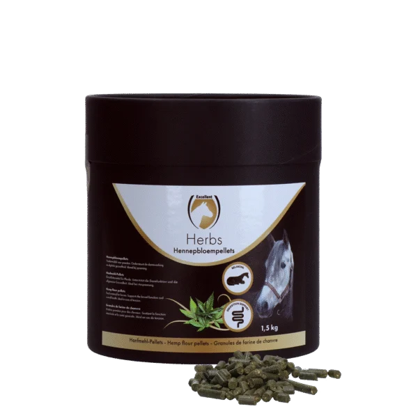Pelletki z kwiatów konopi dla koni, wspomagające pracę jelit, 1,5 kg – Excellent Horse Herbs Hennepbloempellets