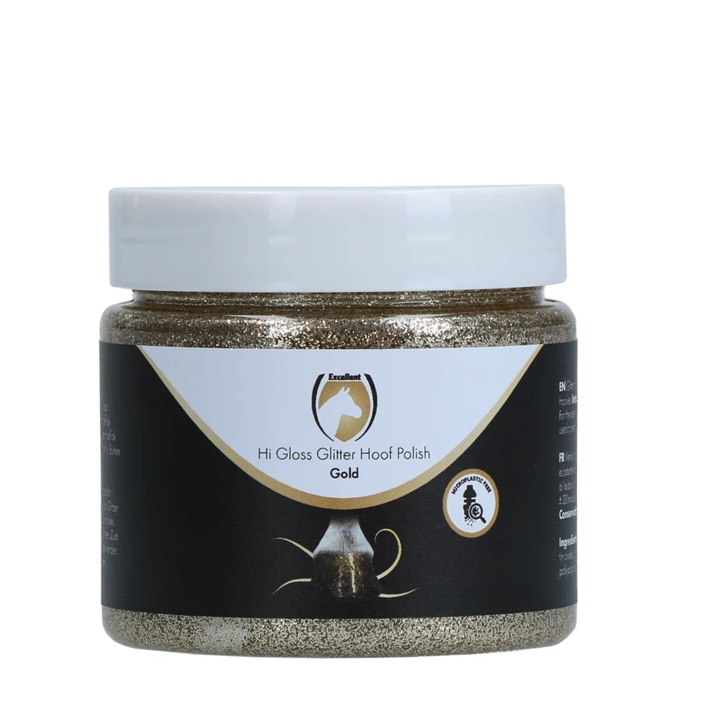 Złoty brokatowy lakier do kopyt, 150 ml – Excellent Horse Hi Gloss Glitter Hoof Polish - obrazek 1