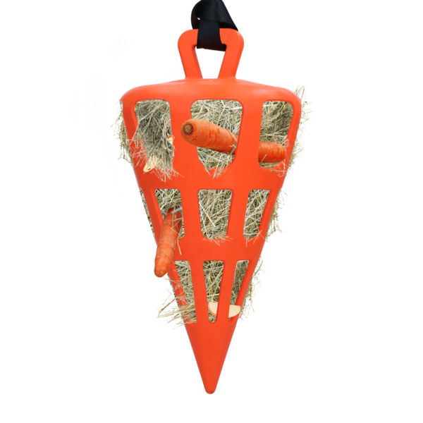 Podajnik spowalniający jedzenie dla koni z naturalnej gumy, pomarańczowy – Hay Slow Feeder Fun & Flex Carrot