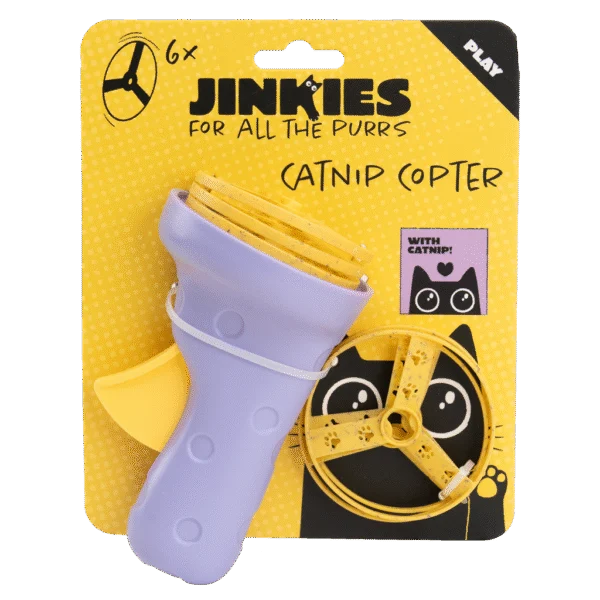 Interaktywna zabawka dla kota z wyrzutnią wirujących śmigieł i kocimiętką – Jinkies Catnip Copter