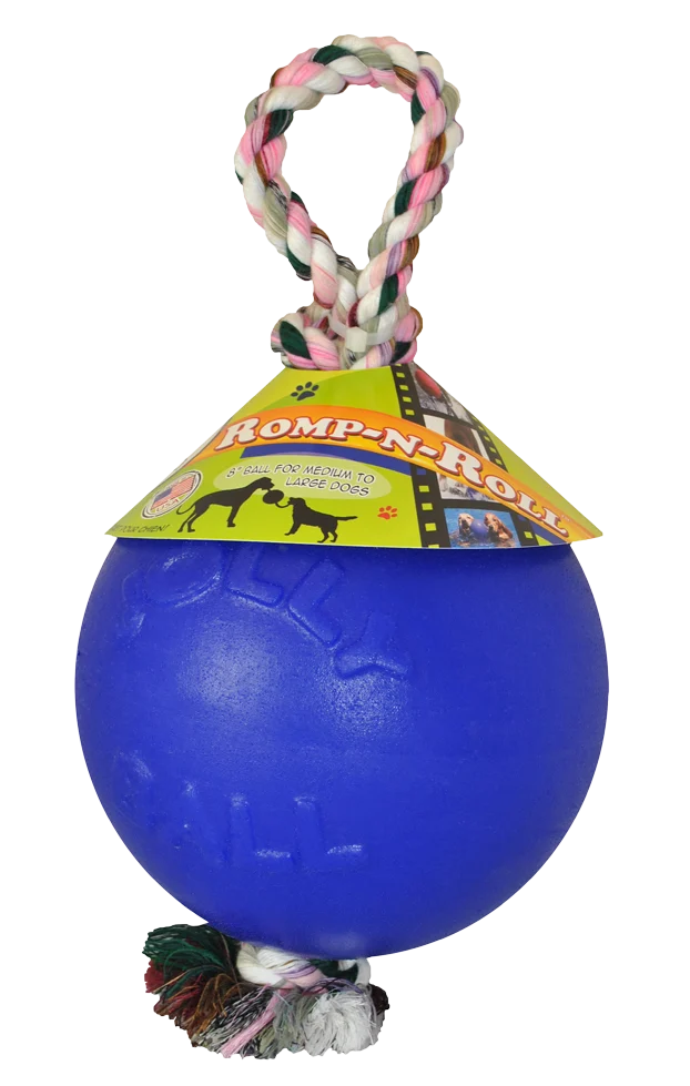 Piłka dla psa z liną, pływająca, niebieska M (15 cm) – Jolly Pets Romp-n-Roll