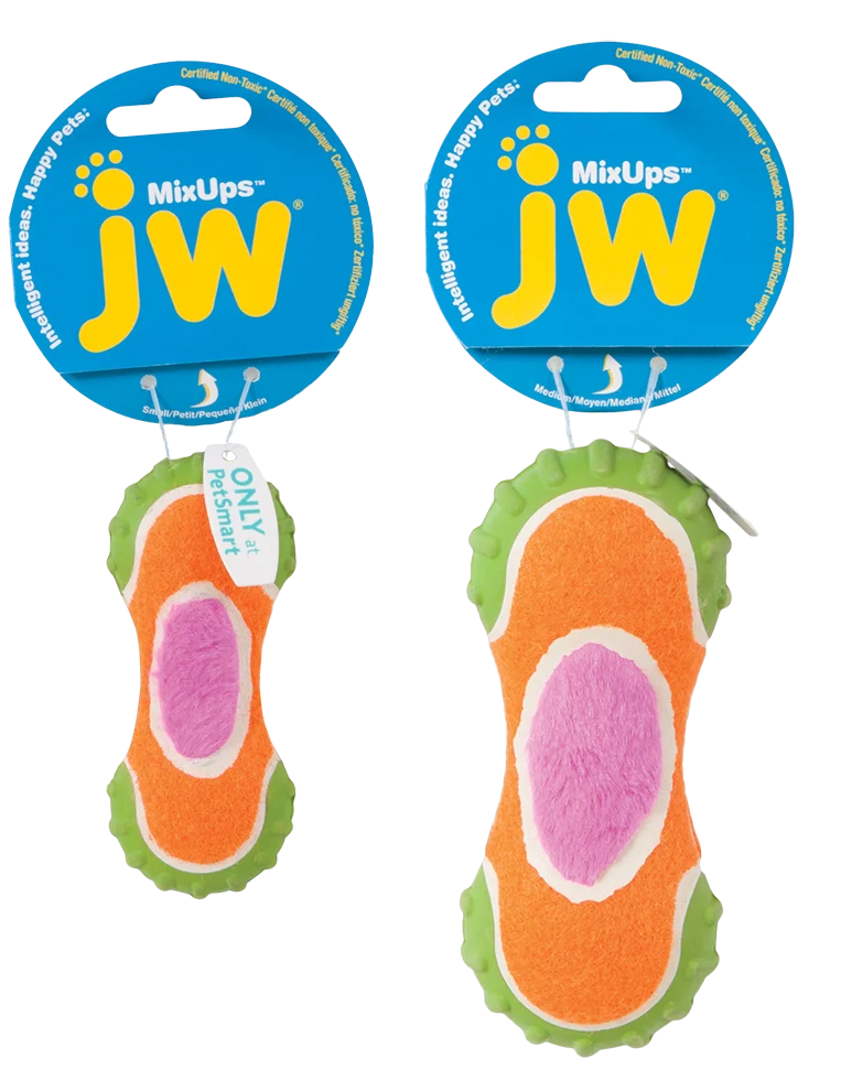 Zabawka dla psa z pluszu, gumy i materiału używanego do produkcji piłek tenisowych, 14 cm – JW Mixups Ribbed Barbell M - obrazek 2