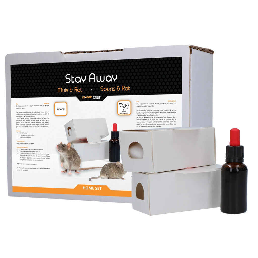 Zestaw zapachowy na myszy i szczury, płyn 30 ml i 2 pojemniki – Knock Pest Stay Away Muis Home Set - obrazek 1