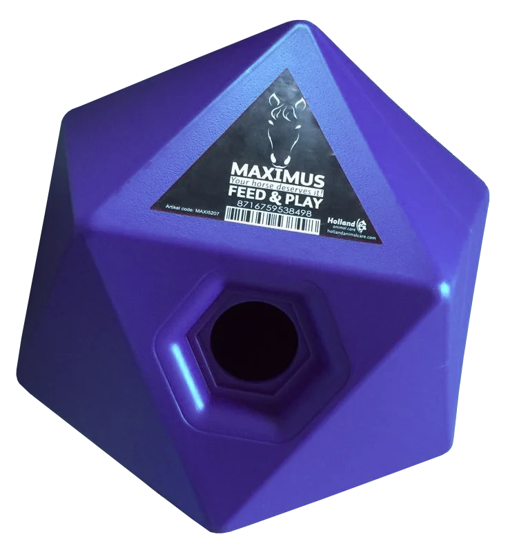 Kostka do zabawy z paszą dla koni z otworem na przysmaki 37 mm, niebieska – Maximus Feed & Play Cube - obrazek 1