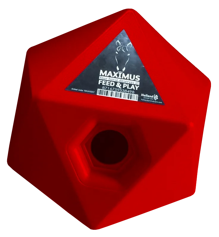 MAXI5205.png Kostka na paszę dla koni, czerwona, otwór na przysmaki 37 mm – Maximus Feed & Play Cube - obrazek 1