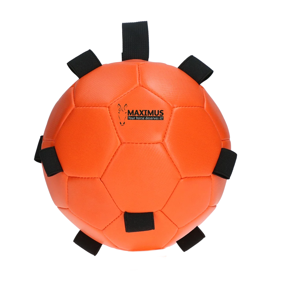 Piłka do zabawy dla konia z elastycznymi paskami, 19 cm, pomarańczowa – Excellent Horse Fun Play Ball - obrazek 2