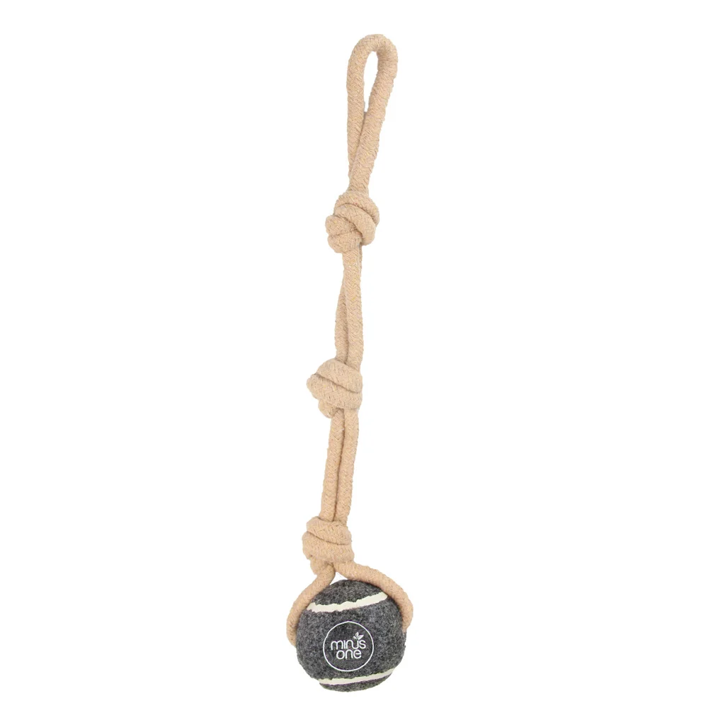 MINU37119.jpg Piłka tenisowa z liną, szara – Minus One Dog Tennis Ball Rope Toy Single Grey - obrazek 1