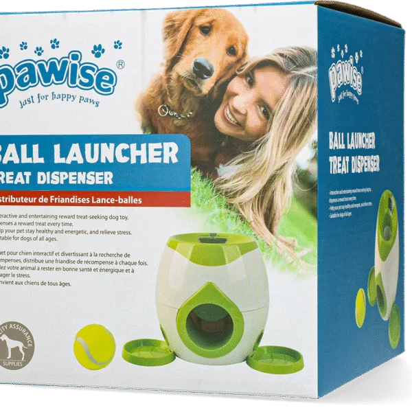 Wyrzutnia piłek z dozownikiem przysmaków i piłką tenisową – Pawise Ball Launcher Treat Dispenser