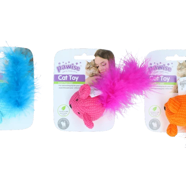 Myszka dla kota z kocimiętką i piórkami, 14 cm – Pawise Cat Toy Wool Mouse