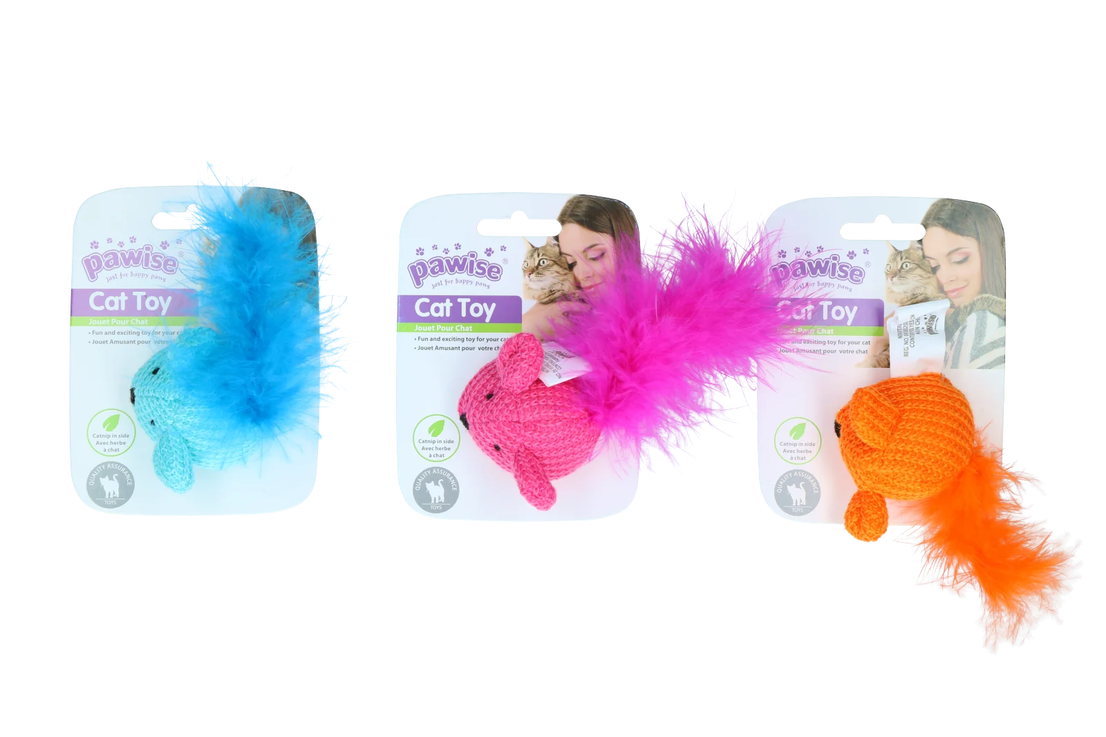 Myszka dla kota z kocimiętką i piórkami, 14 cm – Pawise Cat Toy Wool Mouse - obrazek 1