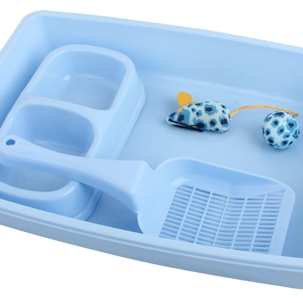 Zestaw startowy dla kociaka z kuwetą i miską na karmę, niebieski – Pawise Kitten Starter Set