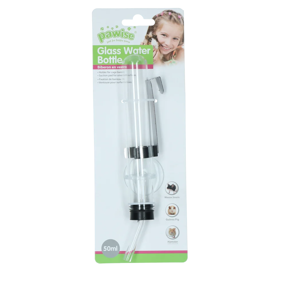 PAWI39004.png Szklana butelka do picia dla chomików z uchwytem i przyssawką, 50 ml – Pawise Hamster Glass Water Bottle - obrazek 1