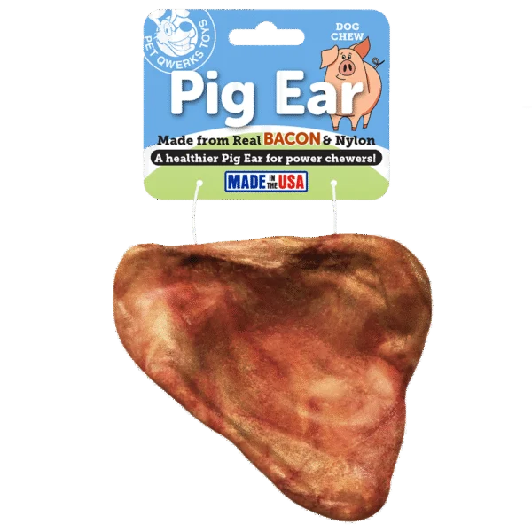 Zabawka do gryzienia z nylonu w kształcie świńskiego ucha o smaku bekonu, 10 cm – Pet Qwerks Pig Ear M