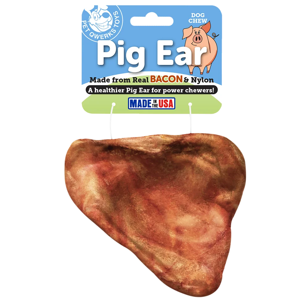 Zabawka do gryzienia z nylonu w kształcie świńskiego ucha o smaku bekonu, 10 cm – Pet Qwerks Pig Ear M - obrazek 1