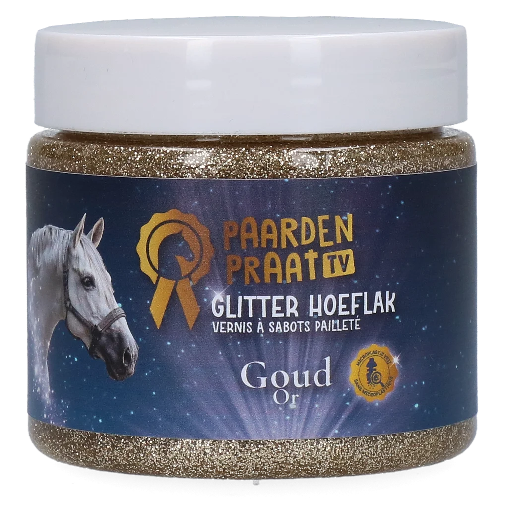 Lakier do kopyt z brokatem na bazie wody, złoty – Paardenpraat TV Glitter Hoeflak - obrazek 1