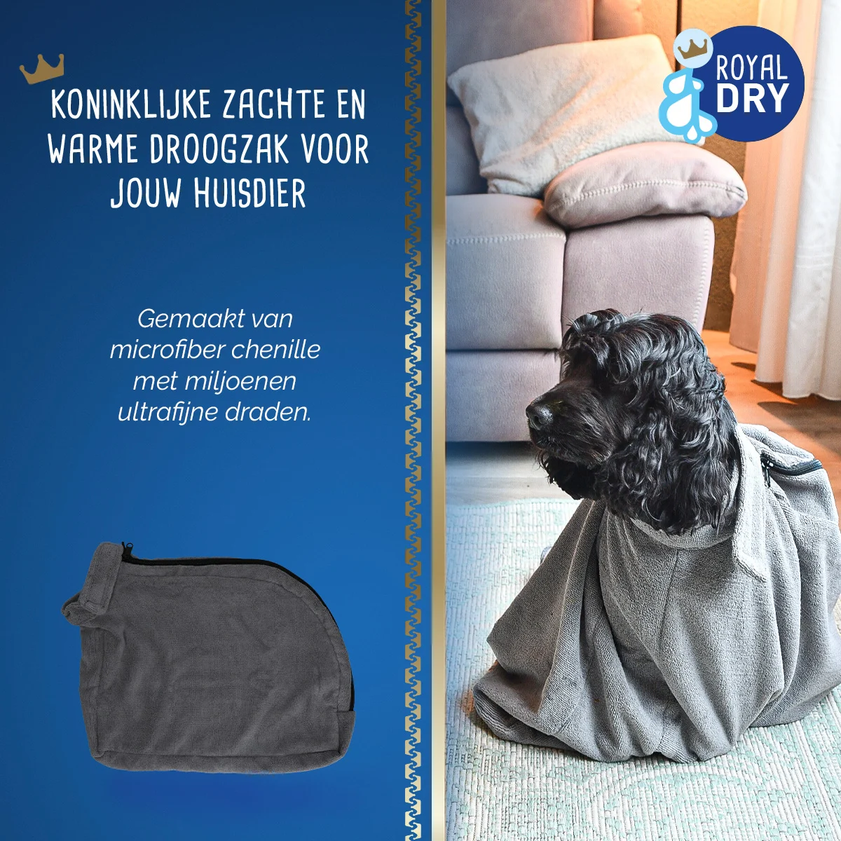 Worek do osuszania psa z mikrofibry M, długość grzbietu 60 cm – Royal Dry Doggy Bag - obrazek 5