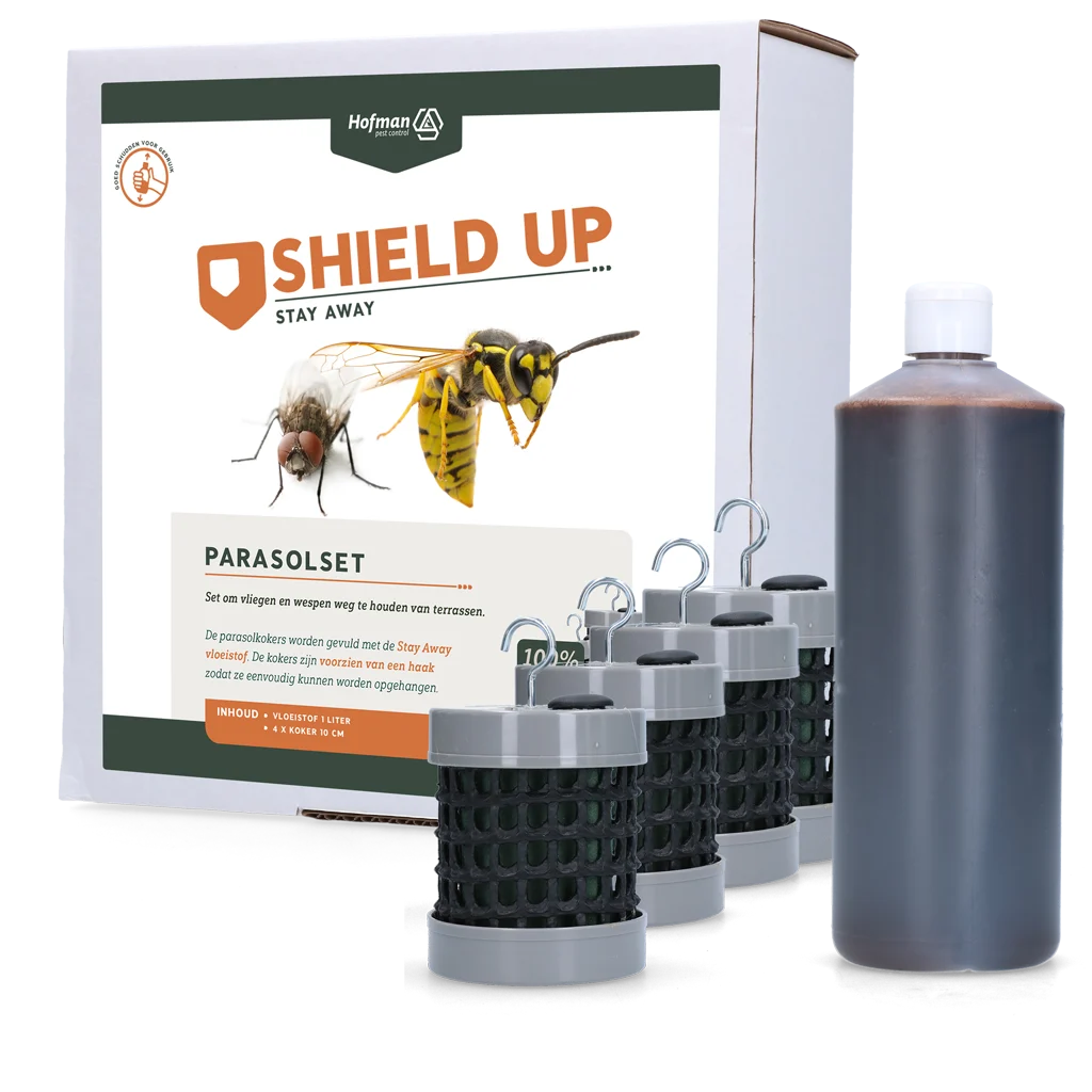 Zestaw parasolowy przeciw muchom i osom, 1 l płynu i 4 tuleje – Shield Up Stay Away Parasol Set - obrazek 1