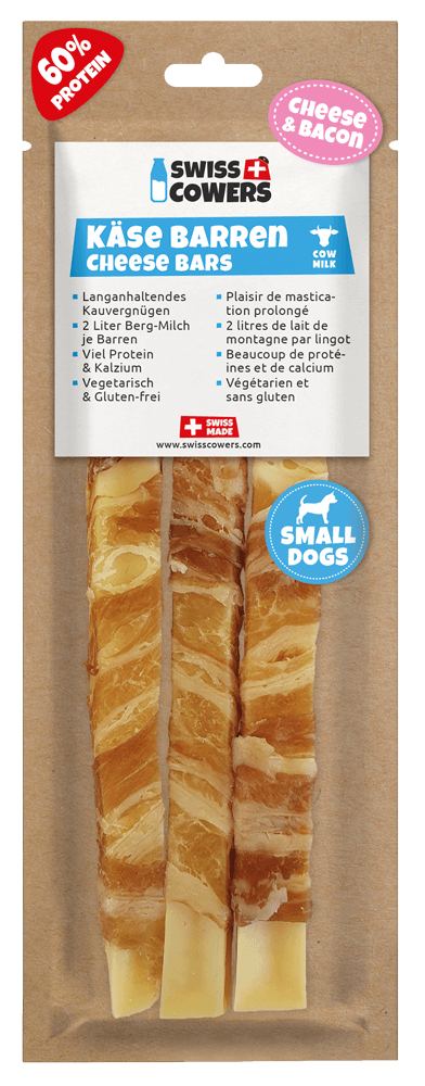 Gryzak serowy dla psów z boczkiem, bez laktozy – SwissCowers Cheese Bars Bacon S