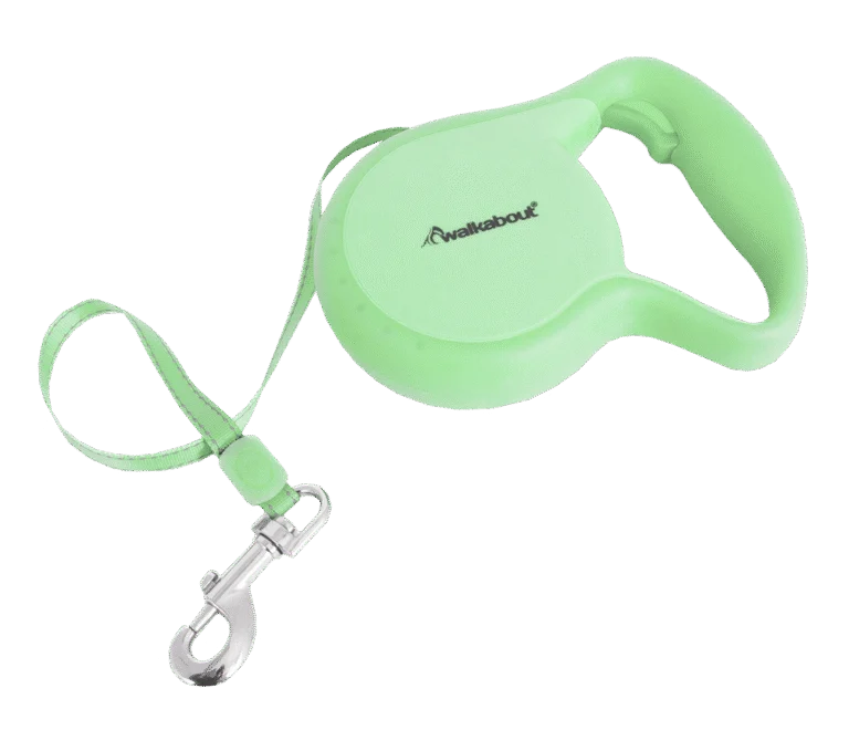 Smycz automatyczna dla psa z paskiem na nadgarstek, rozmiar L, 4,9 metra – Petmate Walkabout Retractable Leash Glow in the Dark
