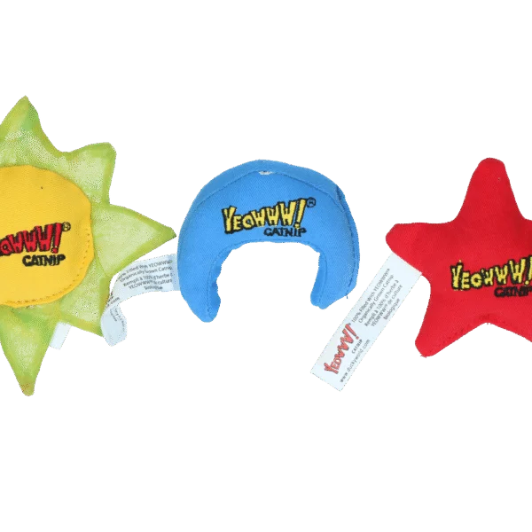 Zabawki dla kota Słońce, Księżyc i Gwiazdy z kocimiętką, 3 sztuki o wielkości ok. 8–10 cm – Yeowww! Sun Moon and Stars