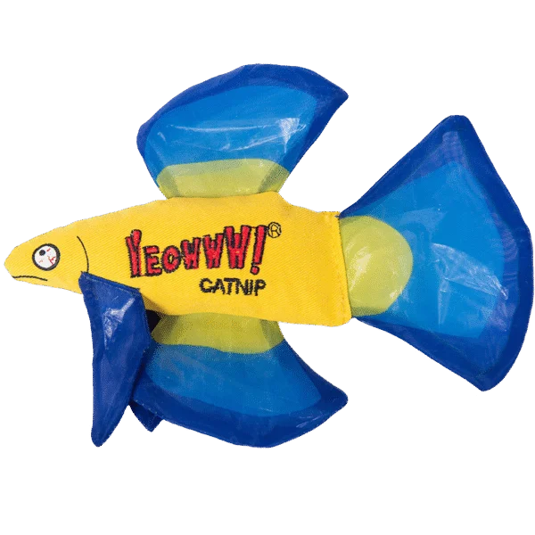 Rybka do zabawy dla kotów z kocimiętką i szeleszczącymi płetwami, niebieska, 17 x 12 cm – Yeowww! Mo Betta Fish