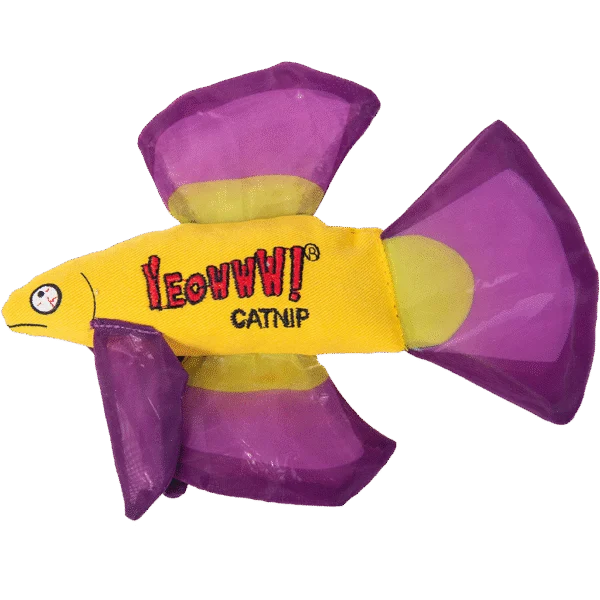 Zabawka dla kota w kształcie ryby z kocimiętką i szeleszczącymi płetwami, fioletowa, 17 x 12 cm – Yeowww! Mo Betta Fish