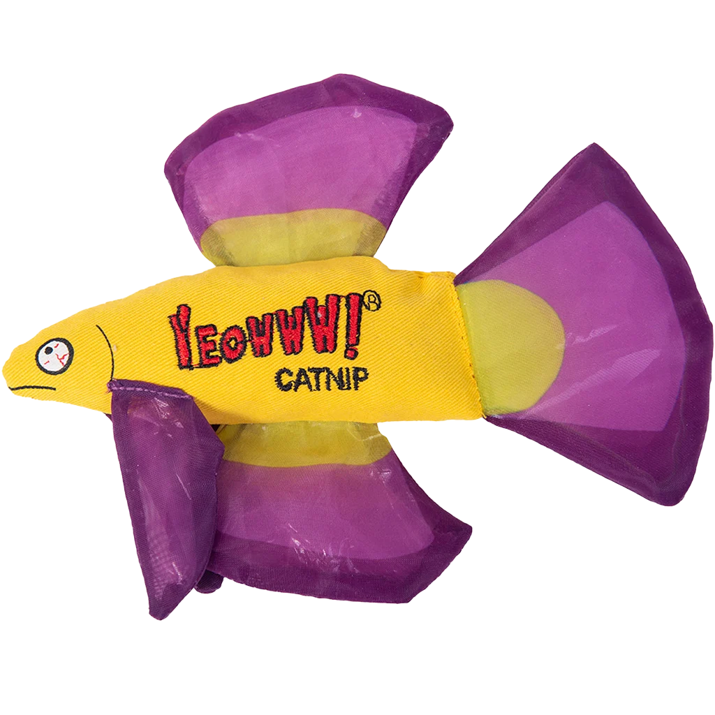 YEOW044B.png Zabawka dla kota w kształcie ryby z kocimiętką i szeleszczącymi płetwami, fioletowa, 17 x 12 cm – Yeowww! Mo Betta Fish - obrazek 1