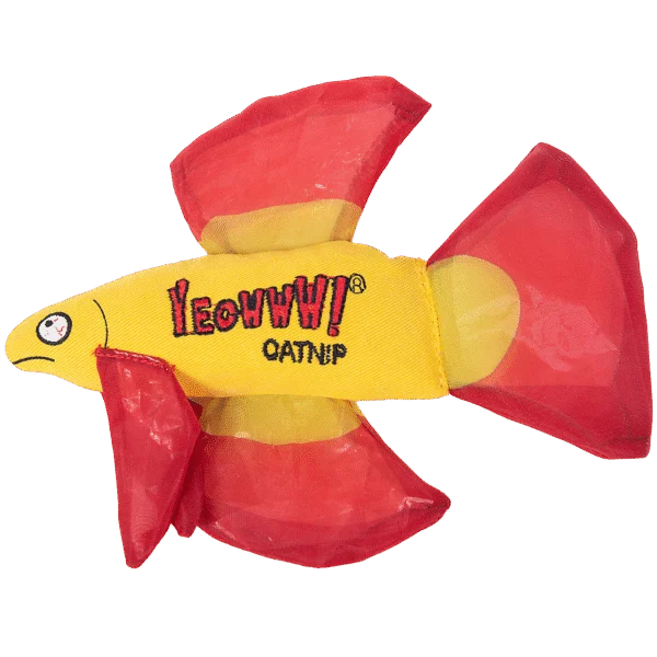 Zabawka dla kota w kształcie ryby z kocimiętką i szeleszczącymi płetwami, czerwona, 17 x 12 cm – Yeowww! Mo Betta Fish