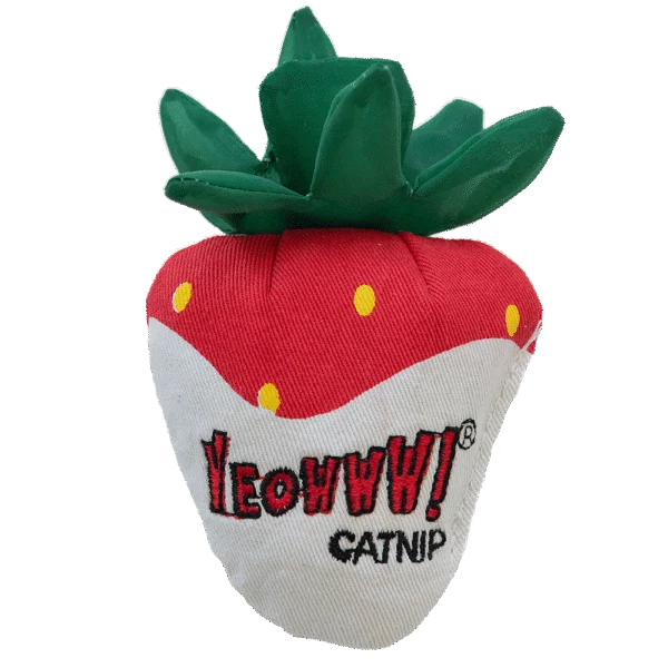 Zabawka dla kota w kształcie truskawki z kocimiętką i szeleszczącymi listkami – Yeowww! Strawberry White Chocolate