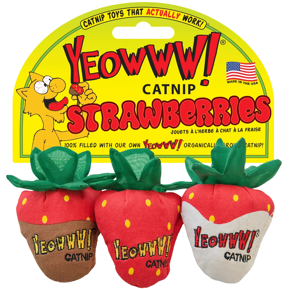 Zabawka dla kota, truskawki z kocimiętką i szeleszczącymi listkami, 3 sztuki – Yeowww! Strawberry 3-pack - obrazek 1