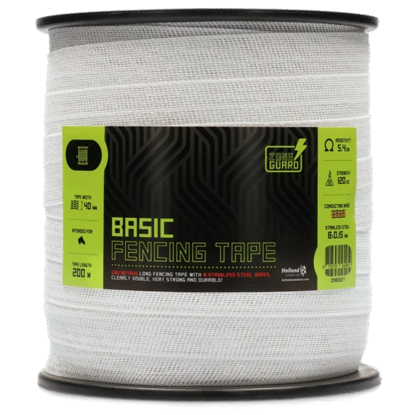 Taśma do pastucha elektrycznego 40 mm, biała, 8 przewodów ze stali nierdzewnej, 200 m – ZoneGuard Basic