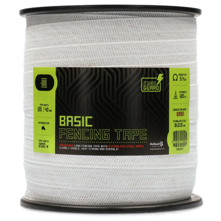 Taśma do pastucha elektrycznego 40 mm, biała, 8 przewodów ze stali nierdzewnej, 200 m – ZoneGuard Basic