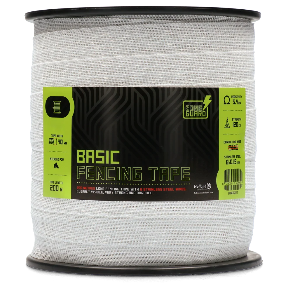 Taśma do pastucha elektrycznego 40 mm, biała, 8 przewodów ze stali nierdzewnej, 200 m – ZoneGuard Basic - obrazek 1