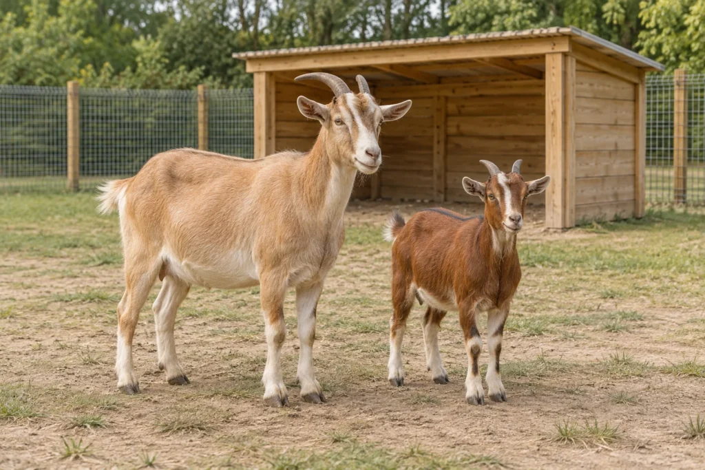 Dwie kozy różnej wielkości na ogrodzonym pastwisku przy drewnianym schronieniu.