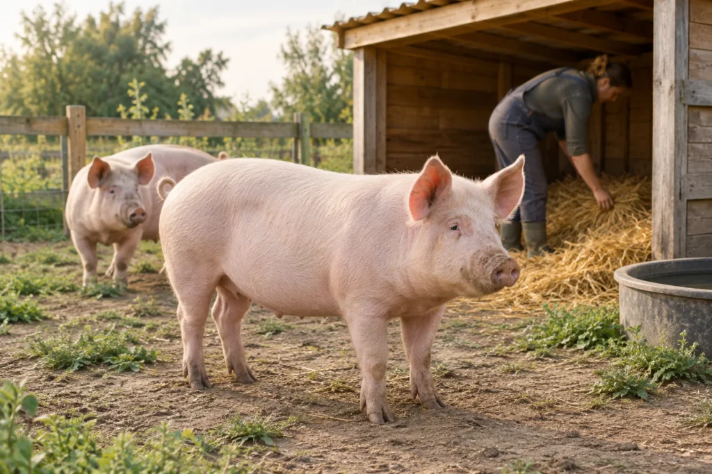 Dwie świnie przy drewnianym schronieniu, podczas gdy ktoś sprawdza słomę w pomieszczeniu.
