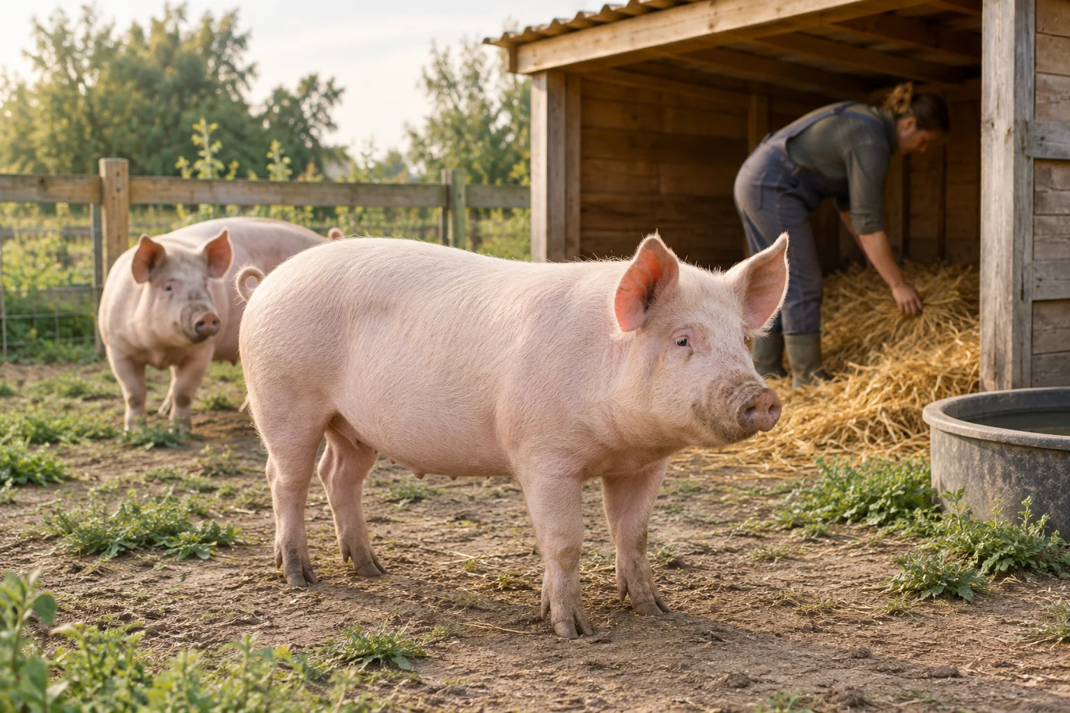 Dwie świnie przy drewnianym schronieniu, podczas gdy ktoś sprawdza słomę w pomieszczeniu.