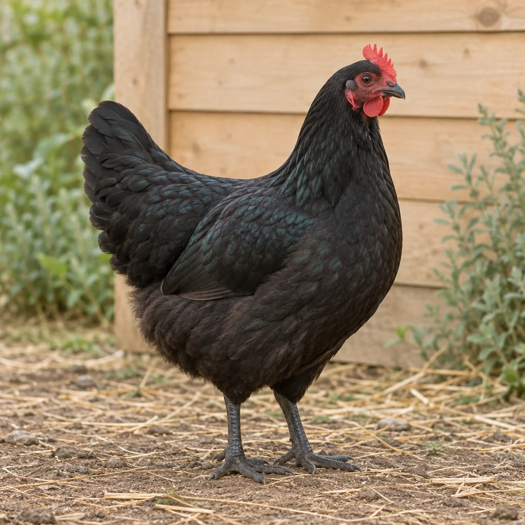 Ilustracja czarnej kury Australorp z czerwonym grzebieniem przy drewnianym kurniku.