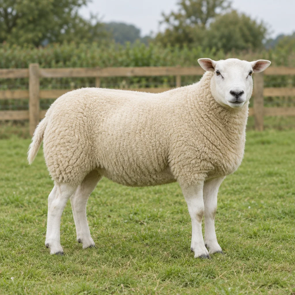 Biała owca z czarnym nosem, widoczna w całości, stoi na trawie przed drewnianym płotem.