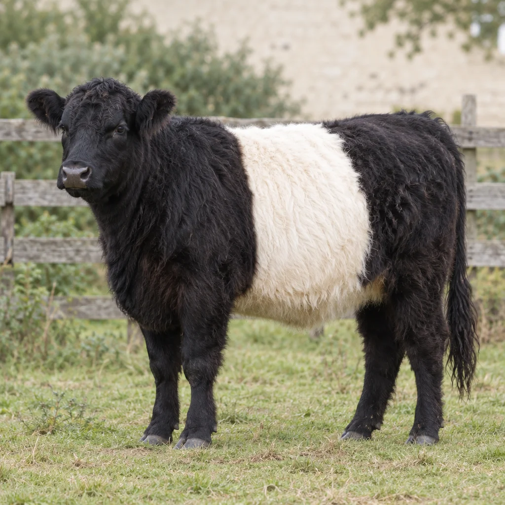 Ilustracja przedstawiająca czarne, kudłate bydło Belted Galloway z szerokim białym pasem wokół tułowia, stojące na trawiastym pastwisku przy drewnianym płocie.