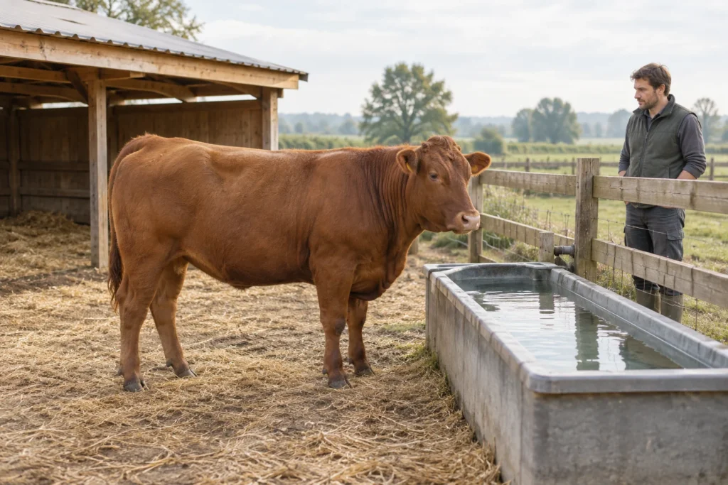 Brązowa sztuka bydła obok poidła na terenie gospodarstwa, osoba za ogrodzeniem i otwarte drewniane schronienie.