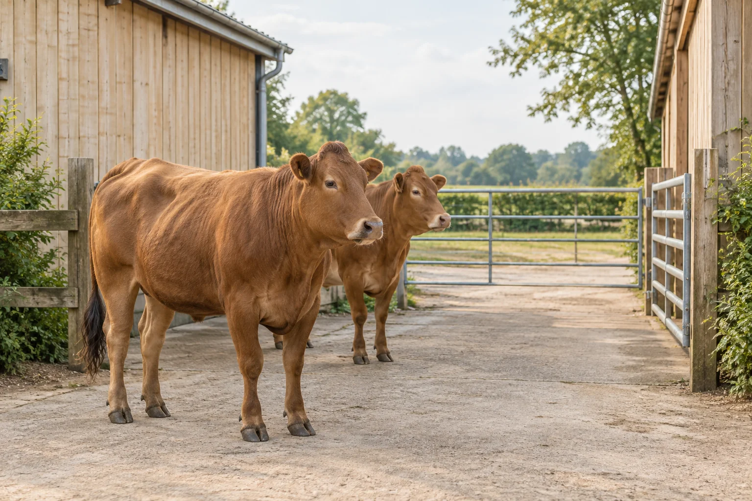 Dwie brązowe sztuki bydła stoją na podwórzu między drewnianymi budynkami gospodarczymi a metalowymi ogrodzeniami.